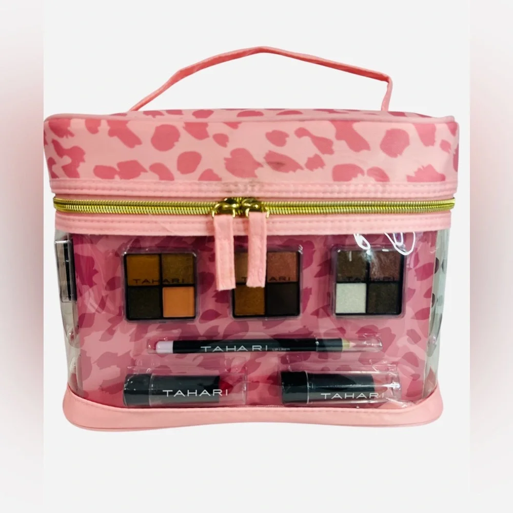 Tahari Train Case With Cosmetics Pink Leopard Print. Gift Included.